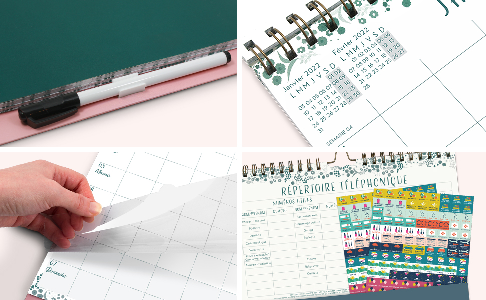 Le stylo clipsé, les mini calendriers, la superposition transparente et les autocollants de rappel