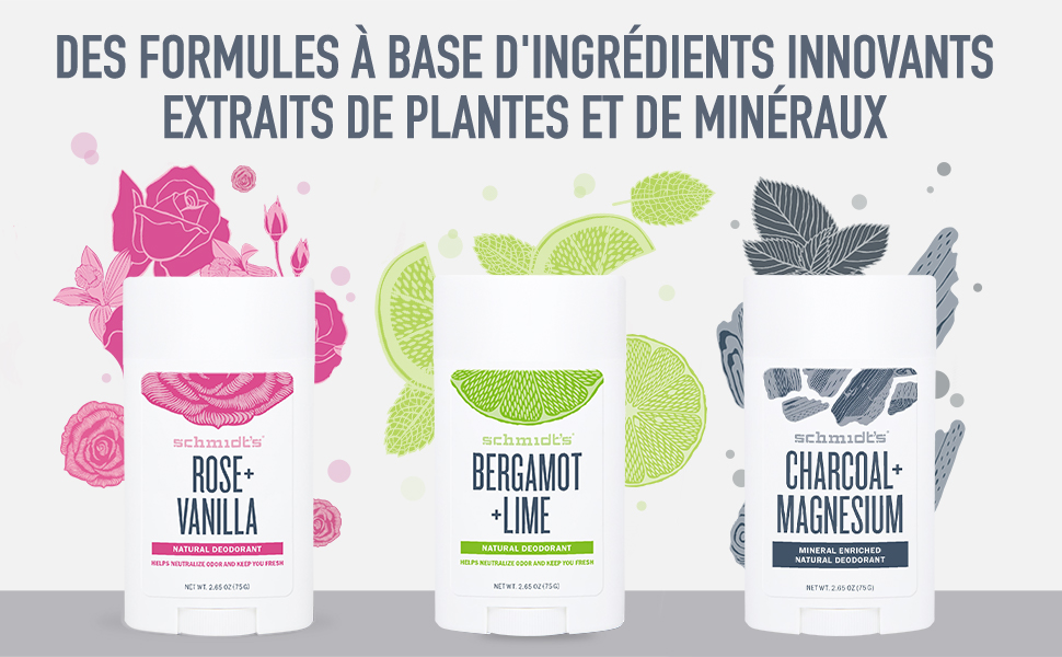 déodorants innovants aux plantes et minéraux, rose vanille, bergamote citron vert, charbon magnesium