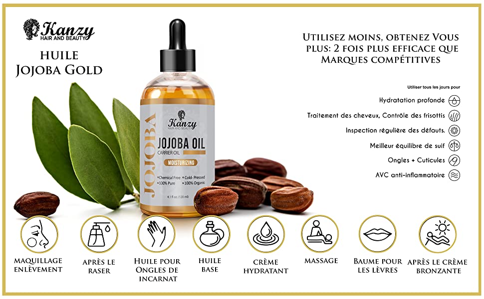 Huile de Jojoba Soin pour Cheveux, Corps, Peau 100% Bio Pure et Naturelle Pressée à froid 120ml