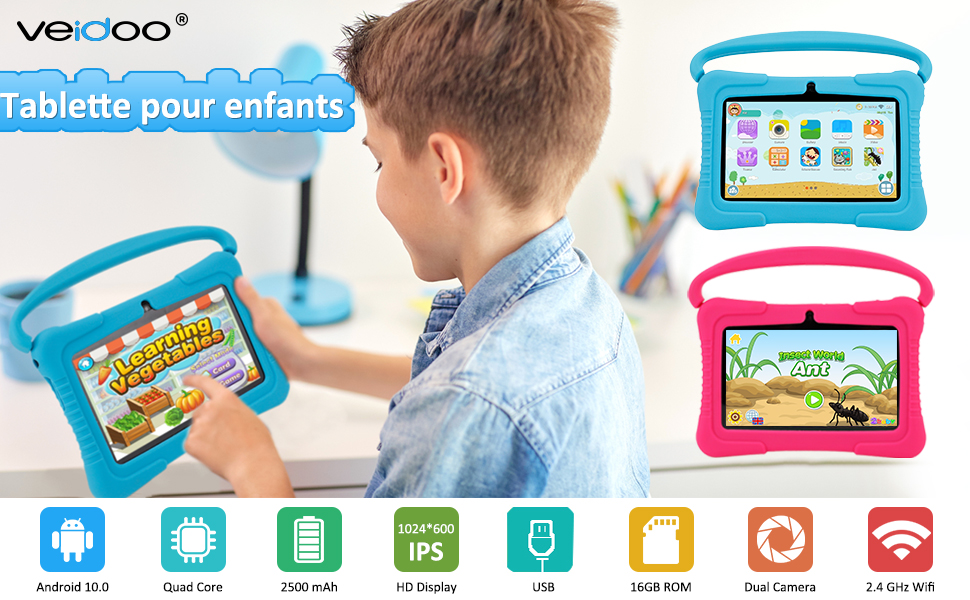 Tablette PC Veidoo pour enfants, 7 pouces Android 10 Quad Core, tablettes pour tout-petits