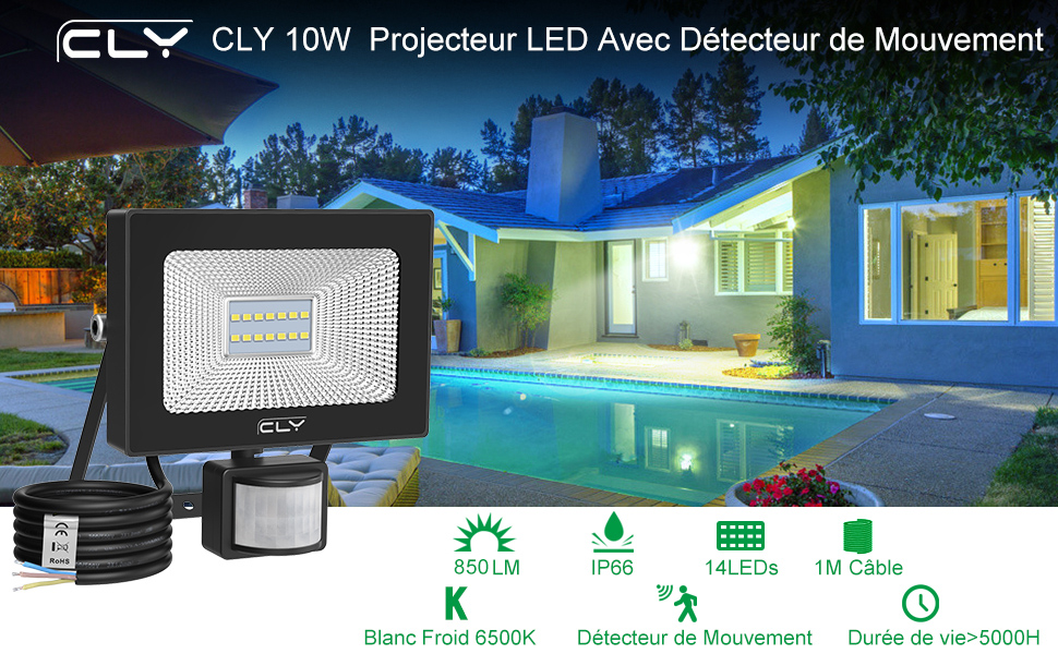 10W Projecteur LED Avec Détecteur de Mouvement 6500K