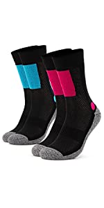 Occulto Chaussettes de randonnée pour femme en noir avec zones fonctionnelles roses et bleues.