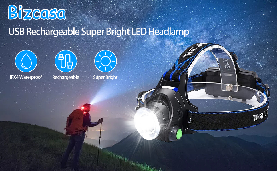 Bizcasa Lampe Frontale, Lampe Torche LED Rechargeable, Lampe Frontale 10000LM avec 3 Modes