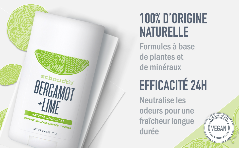 Déodorant stick Schmidt's parfum bergamote et citron vert pour neutraliser naturellement les odeurs