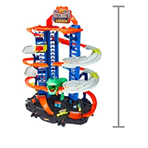 Hot Wheels City Super Dino Robot Garage avec T-Rex, pour contenir jusqu’??100 petites voitures