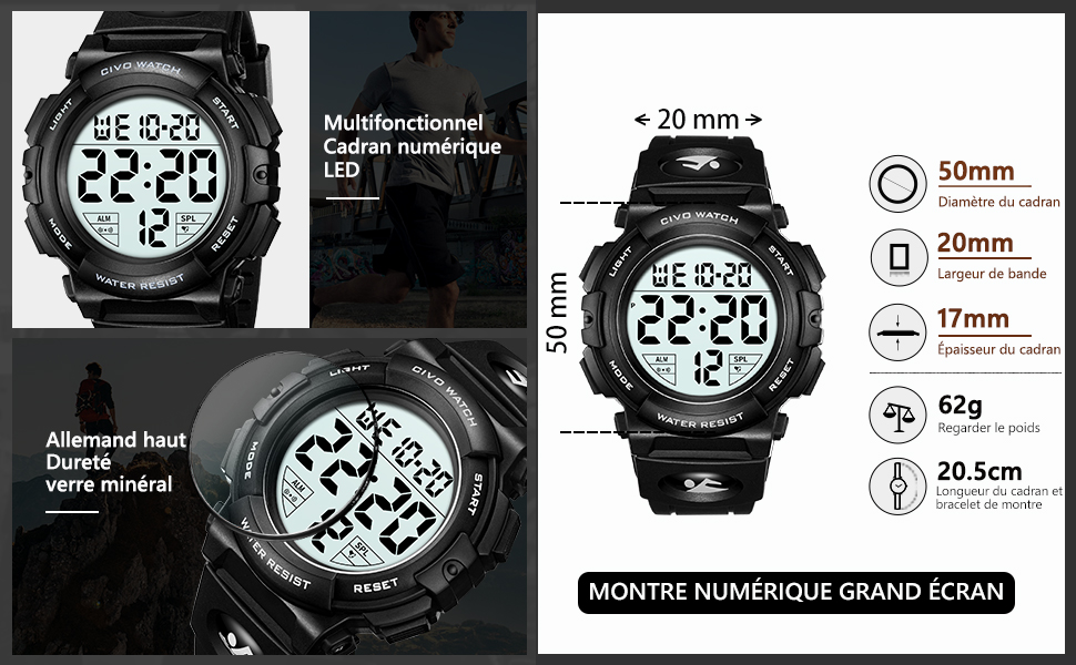 Montre Hommes Militaire Digitale Montres 50M étanche Outdoor Sport Multifonction Montre Digitale