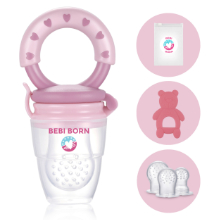 BEBI BORN - grignoteuse bébé rose + 3 tétines silicone L M S + 1 anneau dentition + poche rangement