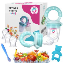 BEBI BORN - 2 grignoteuses bébé bleu + 6 tétines silicone L M S + 1 cuillère + 1 anneau de dentition