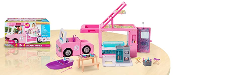 Camping-Car de Rêve 3-en-1 Barbie, environ 90 cm, avec Piscine, Pick-Up, Bateau et 50 Accessoires