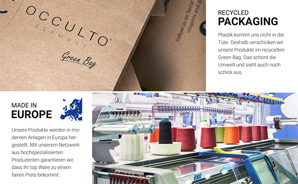 Paquet recyclé Occulto avec texte, image de site de production pour la production textile.