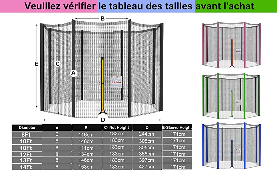 NONMON Filet de Sécurité Remplacement Protection pour Trampoline Ø 244 305 366 397 430 cm taille