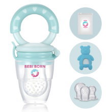 BEBI BORN - grignoteuse bébé bleu + 3 tétines silicone L M S + 1 anneau dentition + poche rangement