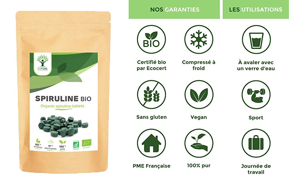 Spiruline sachet comprimés vegan compressé à froid sport travail sans gluten France