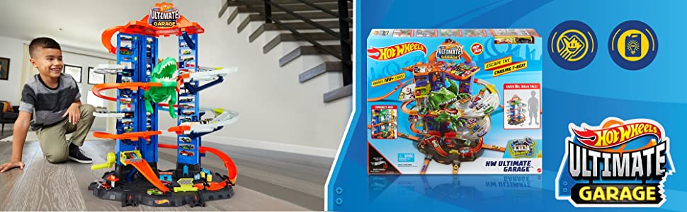 Hot Wheels City Super Dino Robot Garage avec T-Rex, pour contenir jusqu’??100 petites voitures