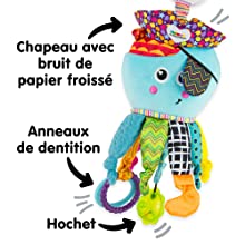 Chapeau avec bruit de papier froissé, anneaux de dentition, hochet