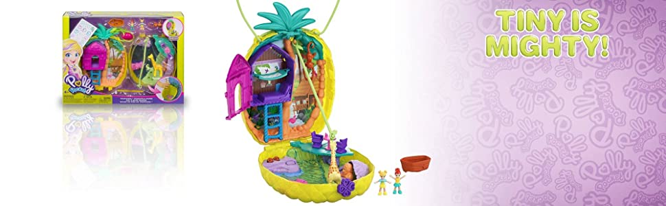 Coffret??Polly Pocket en Forme de Sac à Main Ananas, avec 8 Éléments Amusants