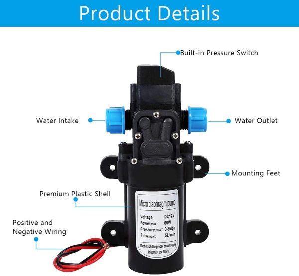 Pompe à Eau Haute Pression,  DC 12V 5 L/Min Pompe à Eau Diaphragme Pompe de Pulvérisateur à Amorçage Automatique 116 PSI avec Pinces pour Bateau de Plaisance RV Camping car