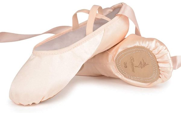 Chaussures de Danse Satin Demi Pointe Pantoufle de Ballet avec Ruban Rose Ballerine pour Enfants et Adulte