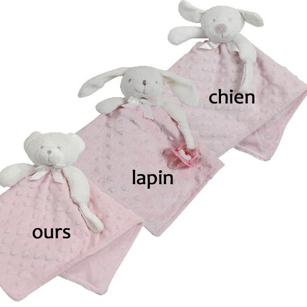 Doudou attache sucette personnalisé avec le prénom de bébé, LAPIN, OURS, CHIEN en velours doux, pour un cadeau de naissance baptême, 30cm, fille garçon, dés la naissance, bleu ciel rose gris – Image 9