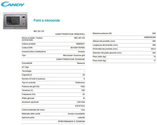 CANDY Micro ondes Grill Encastrable MIC201EX – Image 6