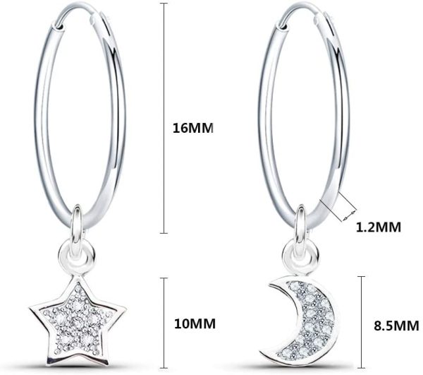 Boucles d'oreilles en Argent 925 Petites Boucles d'oreilles Créoles Pendantes Étoiles et Lune avec Zircone Cubique Boucles d'oreilles Creoles Argent Boucles d'oreilles pour Femme Filles Enfant