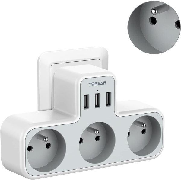 Prise Multiple, Multiprise Murale 3 Prises et 3 Ports USB, Prise USB Electrique 6 en 1, Prise Multiprise USB Secteur pour la Maison Le Bureau Les Voyages Compatible avec Phone, Portable