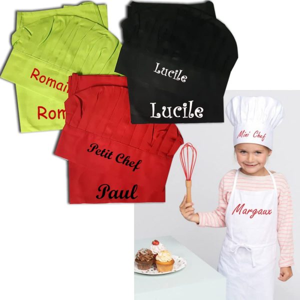 Ensemble Tablier et toque enfant personnalisés avec son prénom brodé, 100% coton, TOP QUALITE, 4 coloris, 16 motifs, cuisine top chef, cadeau, fille garçon, déguisement, anniversaire, noel – Image 6