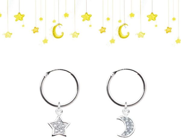 Boucles d'oreilles en Argent 925 Petites Boucles d'oreilles Créoles Pendantes Étoiles et Lune avec Zircone Cubique Boucles d'oreilles Creoles Argent Boucles d'oreilles pour Femme Filles Enfant – Image 2