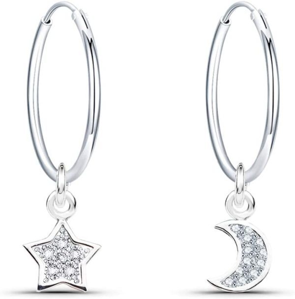 Boucles d'oreilles en Argent 925 Petites Boucles d'oreilles Créoles Pendantes Étoiles et Lune avec Zircone Cubique Boucles d'oreilles Creoles Argent Boucles d'oreilles pour Femme Filles Enfant – Image 3