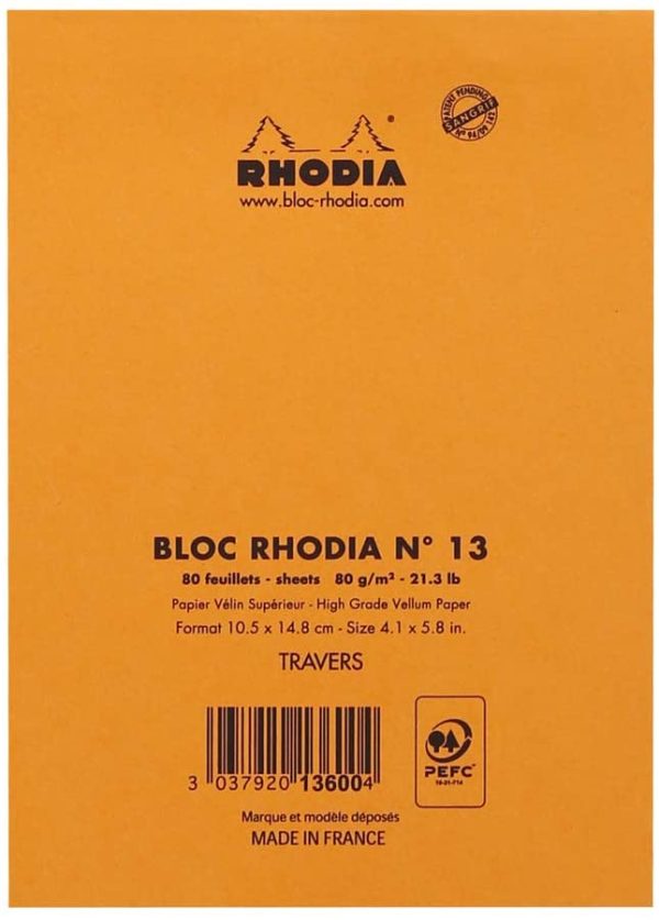 RHODIA 13600C - Bloc-Notes Agrafé N°13 Orange - A6 - Ligné - 80 Feuilles Détachables - Papier  Blanc 80 g/m² - Couverture en Carte Enduite Souple, Résistante et Imperméable - Basics