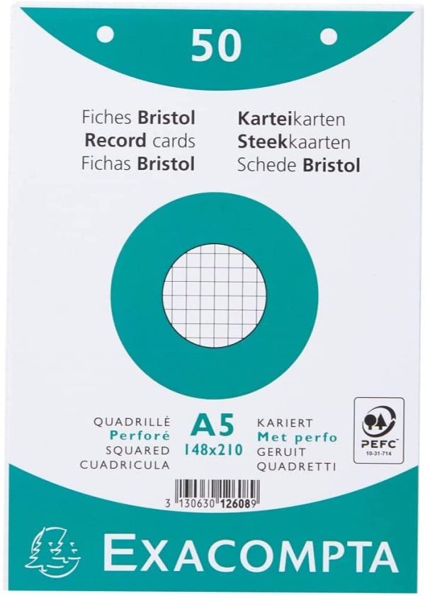 12608E Paquet 50 fiches sous film - bristol quadrillé 5x5 perforé 148x210mm Blanc