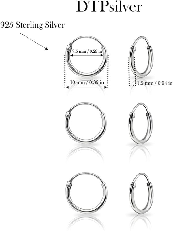 DTPsilver® 3 Paires de Boucles d'oreilles MINI Créole/Anneau en Argent Fin 925, Plaqué Or Jaune ou Rose - Cartilage/Hélix - Très Fines: 1.2 mm, Même Taille ou Mix - Diamètre Externe: 8, 10, 12, 14 mm – Image 6