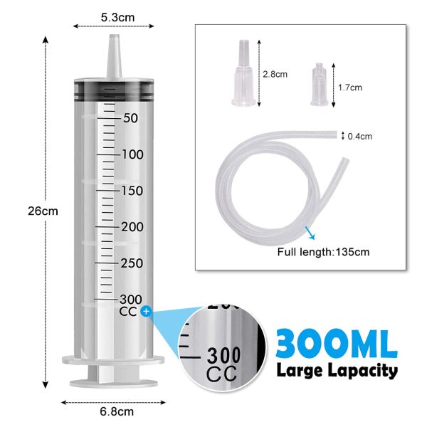 Seringue avec tube 300ml, Grande seringue pour liquides Applicateur de colle à l'huile, Seringue 300cc avec cathéter pour hydroponie, mesure, arrosage des plantes, alimentation des animaux – Image 4