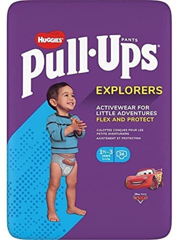 Huggies Pull-Ups, Culottes absorbantes Explorers pour garçon, Taille 1,5-3 ans (12-17 kg), 34 culottes , Avec indicateur d’humidité,