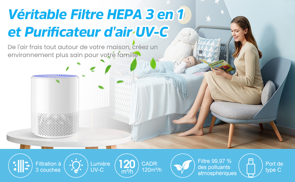 Véritable Filtre HEPA 3 en 1 et Purificateur d'air UV-C