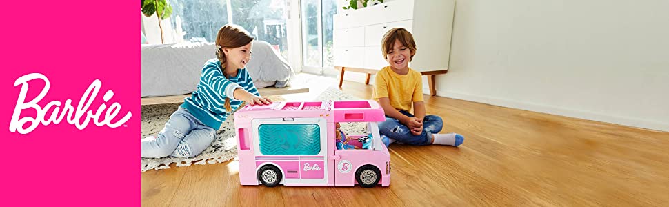 Camping-Car de Rêve 3-en-1 Barbie, environ 90 cm, avec Piscine, Pick-Up, Bateau et 50 Accessoires