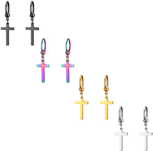 Flongo Boucles d’Oreilles Croix pour Femme Homme, Petits Créoles Pendentif Croix Religieux Unique en Acier Inoxydable Couleur Argent Noir Or Coloré Fantaisie Cadeaux Anniversaires Noël