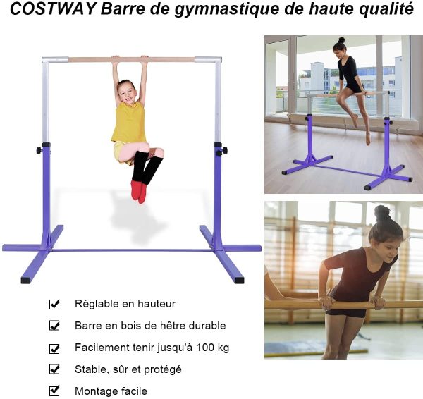 Costway Barre Gymnastique en Acier Hauteur Réglable de 91 à 150CM Capacité de poids100KG pour Ecole, Maison, Jardin Diamètre 4CM – Image 6