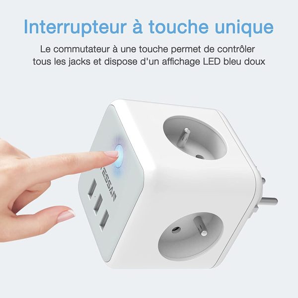 Prise USB Multiple, Multiprise Murale Cube 3 Prises avec 3 USB Secteur, 6 en 1 Prise Murale USB Secteur avec Interrupteur, Multiprise Electrique Murale USB Chargeur pour Domicile, Bureau – Image 2