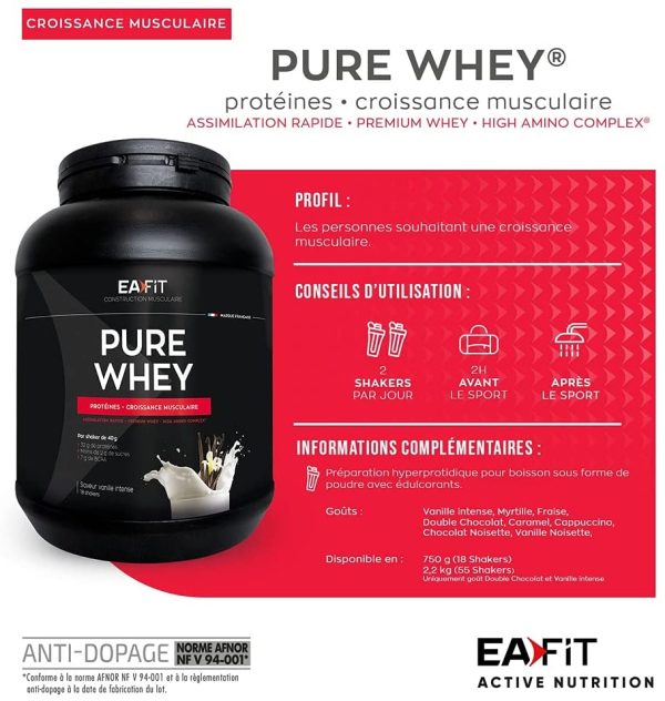 EAFIT Pure Whey - Myrtille 750 g - Croissance Musculaire - Protéines de Whey - Assimilation Rapide - Acides Aminés et des Enzymes Digestives - Complexe High Amino - Certifié Anti-dopage – Image 2