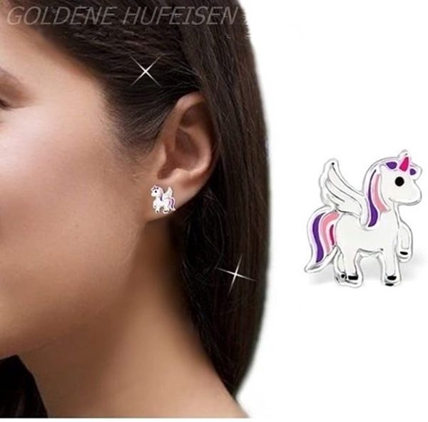 GH1a - Set de 2 paires de boucles d'oreilles à tige - Licorne et papillon brillant - Argent 925 véritable - Boucles d’oreilles d’enfants pour fille, rose, violet, blanc.