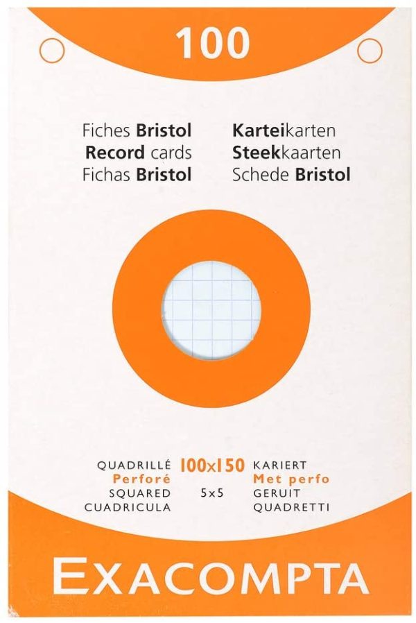 13652E Etui refermable de 100 fiches bristol 10 x 15 cm quadrillées 5x5 perforées couleurs assorties ( 25 vertes 25 jaunes 25 roses et 25 bleues ) – Image 3