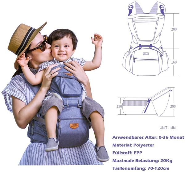 Porte-bébé Ergonomique avec Siège de Hanche- SUNVENO Porte-bébé Randonnee avec Sangle Amovible,Porte-bebe Physiologique avec Tabouret 0-36 Mois,5 Positions et 3 en 1 Usages,0-20KG, Bleu – Image 5