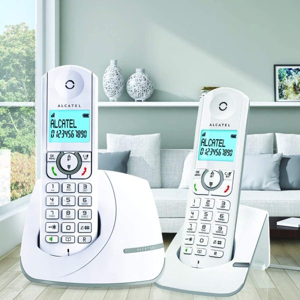 F390 Duo - Téléphone sans fil ultra efficace au design coloré, Pure Sound, Mains libres, Grand écran rétroéclairé, Grand répertoire, Sonnerie VIP - Blanc/Gris – Image 3