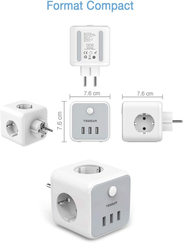 Prise USB Multiple, Multiprise Murale Cube 3 Prises avec 3 USB Secteur, 6 en 1 Bloc Multiprises USB Secteur avec Interrupteur, Multiprise Electrique Murale USB Chargeur pour Domicile, Bureau – Image 2