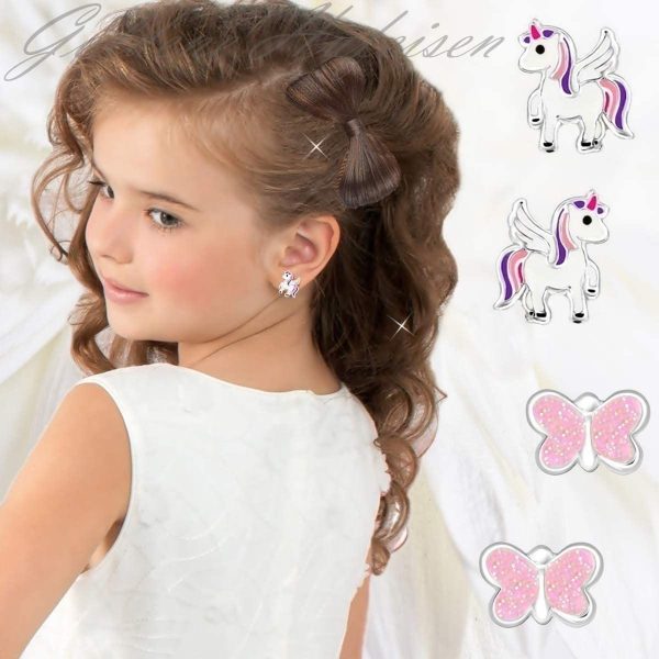 GH1a - Set de 2 paires de boucles d'oreilles à tige - Licorne et papillon brillant - Argent 925 véritable - Boucles d’oreilles d’enfants pour fille, rose, violet, blanc. – Image 6