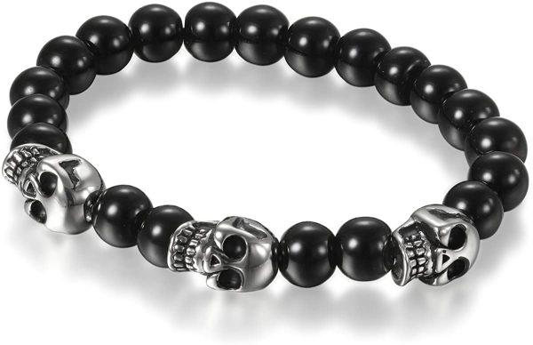 Flongo Bracelet Charme pour Homme Garçon, Bracelet Perles Boules Verre Acier Inoxydable Tête de Mort Crâne Couleur Argent Noir Fantaisie Cadeaux Anniversaire Noël Halloween