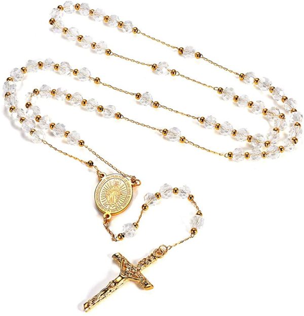 FaithHeart Chapelet Catholique Femme/Homme,Collier Rosaire Chapelet Or avec Perles,Médaille Saint Vierge-Saint Benoît-Michel Archange Pendentif Crucifix Croix en Acier,Bijoux pour Communion Baptême – Image 3