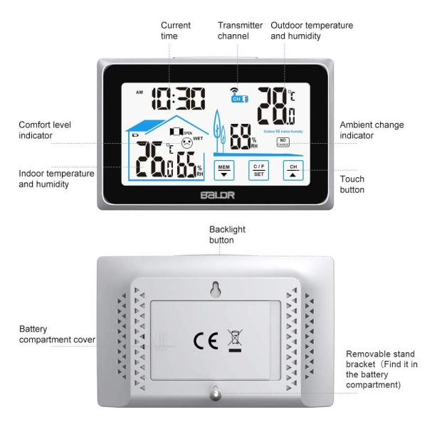 FLYLAND Station météo sans fil, Station de Prévision de Thermomètre Numérique Intérieur Extérieur, Moniteur d'humidité de la Température Domestique, Capteur Numérique à Distance pour Hygromètre