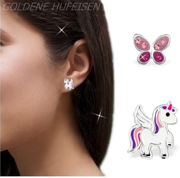 GH* Kids Lot de 2 paires de mini boucles d’oreilles papillon avec cristaux + licorne ailée en argent 925 véritable pour petites filles – Image 2